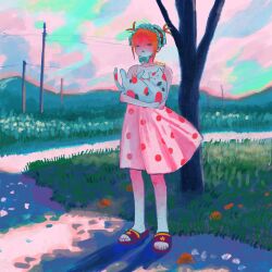  1girl :o animal bare_legs bare_tree bow bowtie cat clouds collarbone colorful commentary_request dress field flower flower_field full_body grass highres holding holding_animal holding_cat looking_at_viewer maid_headdress nail_polish narrowed_eyes ntrn3 orange_hair original outdoors parted_lips path pink_dress polka_dot polka_dot_dress power_lines red_nails sandals shadow short_hair solo standing toenail_polish toenails toes tree utility_pole white_bow 