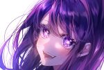  1girl blush highres hoshino_ai_(oshi_no_ko) long_hair looking_at_viewer open_mouth oshi_no_ko pinapo_25 purple_hair simple_background smile star-shaped_pupils star_(symbol) star_in_eye symbol-shaped_pupils symbol_in_eye teeth violet_eyes 