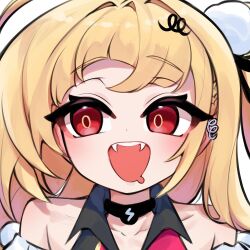  1girl ahoge bare_shoulders blonde_hair cissia_(zenless_zone_zero) collar collarbone detached_sleeves drooling fangs hair_ornament hairclip highres long_hair looking_to_the_side open_mouth otu_(o2h2_oh4) pom_pom_(clothes) pom_pom_hair_ornament portrait red_eyes simple_background solo white_background zenless_zone_zero 