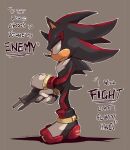  artist_name brown_background cylent_nite english_text from_side gloves gun holding holding_gun holding_weapon outline red_eyes shadow_the_hedgehog shoes simple_background solo sonic_(series) watermark weapon white_gloves white_outline 