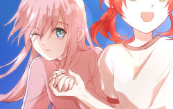  2girls blue_eyes blue_sky bocchi_the_rock! commentary_request day gotoh_hitori green_eyes highres holding_hands jacket kita_ikuyo long_hair looking_at_viewer multiple_girls obscuremisty one_eye_closed open_mouth outdoors parted_lips pink_hair pink_jacket red_hair shirt sky smile upper_body white_shirt 