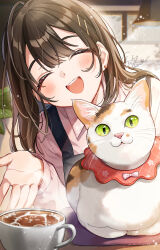  1girl :d apron black_apron blush brown_hair cafe cat cat_day center-flap_bangs closed_eyes coffee_mug commentary_request cup double-parted_bangs earrings facing_viewer highres incoming_drink indoors jewelry latte_art long_hair mug open_mouth original pink_shirt shinishi_chiho shirt smile solo steam teeth upper_body upper_teeth_only 