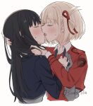  2girls artist_name black_hair blonde_hair blush closed_eyes highres inoue_takina kiss lycoris_recoil lycoris_uniform multiple_girls nishikigi_chisato simple_background souda_(soudaco1a) sweatdrop yuri 