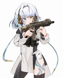  1girl absurdres blue_eyes cable coat facial_mark facial_tattoo gun headphones heterochromia highres hip_tattoo holding holding_gun holding_weapon indie_virtual_youtuber nyagurisushi orange_eyes sayu_sincronisity sayu_sincronisity_(1st_costume) short_hair solo tattoo techwear virtual_youtuber weapon white_background white_coat white_hair 