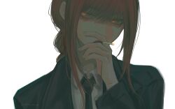 1girl absurdres black_necktie braid braided_ponytail business_suit chainsaw_man cigarette close-up collared_shirt commentary english_commentary formal_clothes highres holding holding_cigarette long_hair long_sleeves looking_at_viewer makima_(chainsaw_man) necktie red_hair ringed_eyes shirt smoking solo suit twitter_username white_background white_shirt zoulnova 