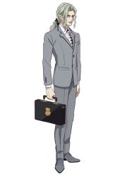  1boy artist_request briefcase closed_mouth collared_shirt commentary_request full_body grey_hair grey_jacket grey_pants grey_shoes grey_suit holding holding_briefcase jacket lips long_hair male_focus necktie official_art pants ponytail second-party_source shirt shoes sidelocks solo standing suit suit_jacket tachi-e tiger_&amp;_bunny transparent_background two-tone_necktie white_shirt yuri_petrov 