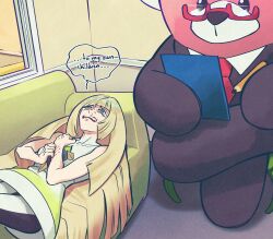  1girl andrich_galam bewear black_leggings blonde_hair breasts clipboard couch crying dress gem glasses green_eyes green_gem highres holding holding_clipboard holding_pencil leggings long_hair lusamine_(pokemon) lying multicolored_leggings necktie on_back on_couch open_mouth pencil pokemon pokemon_(creature) pokemon_sun_and_moon red_necktie semi-rimless_eyewear sleeveless sleeveless_dress speech_bubble tears teeth therapy two-tone_leggings under-rim_eyewear upper_teeth_only very_long_hair white_dress white_leggings 