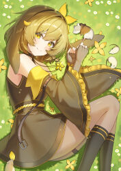  1girl absurdres animal_ears bare_shoulders brown_hair chaos_zero_nightmare commentary feet_out_of_frame fingerless_gloves gloves hair_between_eyes highres looking_at_viewer lying min_g_u mouse_(animal) on_side rabbit_ears rabbit_girl smile solo veronica_(chaos_zero_nightmare) wide_sleeves yellow_eyes 