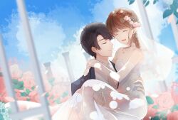  1boy 1girl ^_^ arms_around_neck bare_shoulders black_hair black_jacket blazer blue_sky braid bridal_gauntlets bridal_veil bride brown_hair carrying closed_eyes closed_mouth clouds collar collared_shirt couple day detached_collar dress eyelashes feet_out_of_frame flower garden grey_necktie groom hair_flower hair_ornament hand_on_another's_hip hand_on_another's_leg hands_on_another's_shoulder happy hetero highres husband_and_wife jacket lace-trimmed_veil lace_collar lace_trim leaf li_zeyan light_particles long_dress long_hair love_and_producer miqing necktie open_mouth outdoors own_hands_together parted_bangs pillar pink_flower pink_rose pleated_dress pointy_nose princess_carry protagonist_(love_and_producer) rose see-through_clothes see-through_veil shirt short_hair single_braid sky smile strapless strapless_dress tree tuxedo upper_body veil wedding_dress white_bridal_gauntlets white_collar white_dress white_shirt white_veil 