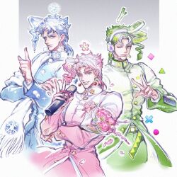  1boy 70491014_(argon-1014-) blue_coat blue_eyes blue_hair bouquet chinese_commentary coat commentary_request earrings flower food gakuran green_eyes green_hair headset high_collar holding holding_microphone jewelry jojo_no_kimyou_na_bouken kakyoin_noriaki male_focus microphone multiple_boys multiple_persona one_eye_closed pink_coat pink_hair scarf school_uniform snowflakes spring_onion stardust_crusaders v w white_scarf 