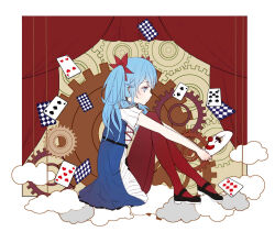  1girl bare_arms belt black_belt black_shoes blue_dress blue_eyes blue_hair border bow card closed_mouth clouds clown_mask club_(shape) commentary cross-laced_clothes cross-laced_dress curtains diamond_(shape) dress expressionless floating_card from_side full_body gears hair_bow hatsune_miku heart high-waist_belt highres holding holding_mask karakuri_pierrot_(vocaloid) knees_up layered_dress light_blush light_frown long_hair looking_at_object mary_janes mask miqing pantyhose playing_card pleated_dress pleated_sleeves pointy_nose red_bow red_pantyhose shoes short_dress short_sleeves sitting solo spade_(shape) twintails vocaloid white_border white_dress white_mask 