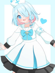  1girl absurdres armband arona_(blue_archive) blue_archive blue_border blue_bow blue_bowtie blue_eyes blue_hair blue_halo blush border borrowed_clothes bow bowtie braid braided_sidelock choker colored_inner_hair commentary_request cowboy_shot dress frilled_dress frills hair_over_one_eye halo hat heart highres long_sleeves looking_at_viewer medium_hair multicolored_hair nurse_cap open_mouth outside_border petako_(ptpt_k) pink_hair sailor_collar sailor_dress sidelocks simple_background single_braid solo white_armband white_background white_choker white_dress white_sailor_collar 