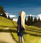  1girl absurdres ahoge arms_at_sides beads black_cape blonde_hair blue_dress blue_sky bug butterfly cape clip_studio_paint_(medium) clouds commentary_request day dress expressionless feet_out_of_frame from_side gold_trim grass harumaki_gohan head_back highres holding holding_staff long_hair looking_up original outdoors path pine_tree profile red_eyes short_dress short_sleeves sidelighting sky solo staff standing tree 