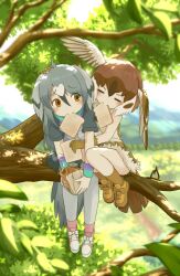  2girls bare_shoulders bird_girl bird_tail bird_wings black_hair black_shirt blush bread bread_slice brown_gloves brown_hair brown_shirt brown_skirt closed_eyes day eating feathers food food_in_mouth fur_trim gloves grey_hair grey_skirt hair_between_eyes hand_on_another's_head head_wings in_tree japari_bun kemono_friends long_hair mouth_hold multicolored_hair multiple_girls onefiresticks orange_eyes outdoors pantyhose pleated_skirt rock_dove_(kemono_friends) shirt shoes short_hair short_sleeves sitting skirt sleeveless sneakers socks t-shirt tail tree tree_sparrow_(kemono_friends) two-tone_hair two-tone_shirt white_hair white_shirt wings yellow_eyes 