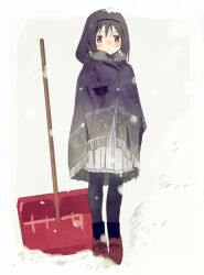  1girl akemi_homura alternate_costume alternate_hairstyle artist_request bad_id bad_twitter_id black_hair black_pantyhose black_socks blush braid brown_shoes cold dress frilled_dress frills hair_ribbon long_hair mahou_shoujo_madoka_magica pantyhose poncho ribbon ribbon_braid shoes shovel sidelocks single_braid snow snow_shovel snowing socks solo standing white_dress winter_clothes 