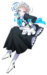  1girl apron black_dress blonde_hair blue_archive blue_eyes blue_halo commentary_request dr_yamero dress earpiece fingerless_gloves forehead full_body gloves hair_bun halo hand_on_own_hip highres long_skirt maid maid_apron maid_headdress puffy_sleeves skirt solo toki_(blue_archive) white_apron white_background 