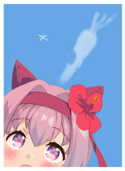  1girl :o aircraft airplane animal_ears blue_sky border carrot clouds commentary_request day ear_covers flower hair_flower hair_ornament hairband haru_urara_(umamusume) heart heart-shaped_pupils hibiscus horse_ears horse_girl open_mouth outdoors pink_eyes pink_hair red_flower red_hairband saeki_tatsuya shaped_cloud sky solo symbol-shaped_pupils umamusume white_border 