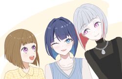  3girls :d ;d alternate_hair_length_(shorter) alternate_hairstyle black_shirt black_vest blue_eyes blue_hair blue_sweater_vest bob_cut brown_hair chain chain_necklace closed_mouth colored_inner_hair commentary_request dollchestra grey_hair inverted_bob jewelry kachimachi_kosuzu link!_like!_love_live! long_sleeves looking_at_another looking_to_the_side love_live! matching_hairstyle multicolored_hair multiple_girls murano_sayaka murano_sayaka_(winter_loungewear) nasu_(m1n1nasu) necklace official_alternate_hairstyle one_eye_closed open_mouth pink_eyes red_hair red_streaks rounded_collar shirt short_hair smile streaked_hair sweater sweater_vest teeth turtleneck turtleneck_shirt upper_teeth_only vest virtual_youtuber white_sweater yellow_background yellow_shirt yugiri_tsuzuri yugiri_tsuzuri_(post-graduation) 