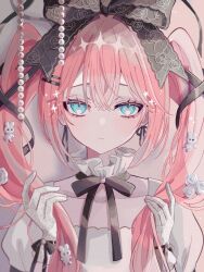  1girl aqua_eyes black_ribbon choker cleavage_cutout closed_mouth clothing_cutout commentary_request diamond-shaped_pupils diamond_(shape) dot_nose dress embroidered_gloves expressionless flower frilled_choker frills glove_ribbon gloves hair_between_eyes hair_flower hair_ornament hair_ribbon hairclip hat hat_ribbon highres holding holding_own_hair long_hair looking_at_viewer mosaic_background nanamiya_ten neck_ribbon original parallel_hairclips pink_hair ribbon ribbon_earrings ringed_eyes rose sidelocks simple_background solo sparkle_print symbol-shaped_pupils twintails upper_body white_dress white_flower white_gloves white_rose 