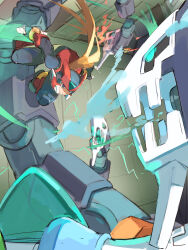  1boy absurdres android armor battle blonde_hair commentary_request electricity energy_sword helmet highres holding holding_sword holding_weapon long_hair mega_man_(series) mega_man_zero_(series) non-humanoid_robot omochi_(mochi_skymega) red_armor red_helmet robot sword weapon z_saber zero(z)_(mega_man) zero_(mega_man) 