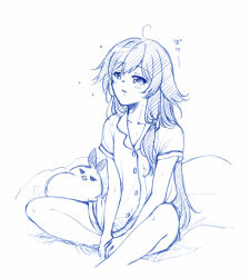  1girl ahoge ballpoint_pen_(medium) bed black_eyes black_hair commentary_request fu_hua honkai_(series) honkai_impact_3rd jingwei_(bird) long_hair looking_at_viewer mon_momu pajamas pen_(medium) pillow simple_background traditional_media white_background 