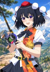  1girl :d belt black_belt black_bow black_bowtie black_hair black_skirt blurry blurry_background blush bow bowtie buttons clouds collared_shirt commentary_request cowboy_shot day fingernails fishing_rod hands_up hat highres holding holding_fishing_rod kitaura_kasumi looking_at_viewer mountain open_mouth pleated_skirt pointy_ears puffy_short_sleeves puffy_sleeves red_eyes red_hat shameimaru_aya shirt short_hair short_sleeves skirt sky sleeve_cuffs smile solo standing tokin_hat touhou upper_body white_shirt 