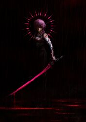  1girl aura black_background blood blood_on_clothes blood_on_face blood_splatter commentary crain1art english_commentary halo highres holding holding_sword holding_weapon honkai:_star_rail honkai_(series) kafka_(honkai:_star_rail) purple_hair shirt solo sword violet_eyes weapon white_shirt 