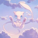  blue_eyes clouds commentary day full_body highres ibusaki_(ivu) looking_at_viewer mew_(pokemon) no_humans outdoors own_hands_together pokemon pokemon_(creature) sky solo watermark 