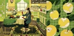  1girl absurdres apple chair chaojufei commentary cup cutting_board flower food fruit gloves highres holding holding_cup long_hair on_chair original plate pumpkin red_gloves refrigerator scissors sitting teacup toaster trash_can vase white_flower 