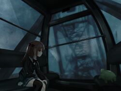  1boy 1girl arm_support black_cardigan black_skirt black_thighhighs bow bowtie brown_hair cardigan closed_mouth collared_shirt commentary dress_shirt evil_neuro-sama feet_out_of_frame ferris_wheel from_side hair_between_eyes hair_ribbon highres indoors long_hair long_sleeves miniskirt panopticon60688 pleated_skirt rain red_bow red_bowtie red_eyes red_ribbon ribbon scenery shirt single_thighhigh sitting skirt thigh-highs turtle untranslatable_commentary v-neck vedal987 vedal_ai virtual_youtuber white_shirt 