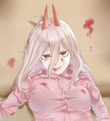  1girl blonde_hair blood blood_on_clothes blood_on_face breasts chainsaw_man commentary_request cross-shaped_pupils demon_girl demon_horns hair_between_eyes highres horns long_hair long_hair_between_eyes looking_at_viewer medium_breasts mitsugu pink_shirt power_(chainsaw_man) red_eyes red_horns shirt solo symbol-shaped_pupils tongue tongue_out 
