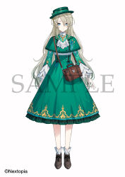  1girl arms_at_sides bag blue_eyes boater_hat bobby_socks brown_bag brown_hair brown_shoes butterfly_hair_ornament capelet closed_mouth commentary_request copyright_notice frilled_sleeves frills full_body gloves green_capelet green_hat green_shrug green_skirt hair_ornament handbag hat high-waist_skirt lace lace_gloves long_hair long_skirt looking_at_viewer mihako_tarta nextopia official_art sample_watermark shinishi_chiho shirt shoes shrug_(clothing) skirt smile socks solo straight-on tachi-e underbust virtual_youtuber watermark white_gloves white_shirt white_socks 