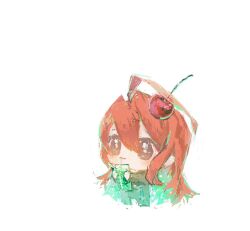  1girl ahoge black_eyes chibi closed_mouth colored_inner_hair commentary cup dashi_(ok_dashi) drinking drinking_straw elizabeth_rose_bloodflame food-themed_hair_ornament fruit_hair_ornament full_body hair_between_eyes hair_ornament holding holding_cup hololive hololive_english huge_ahoge long_hair multicolored_hair official_alternate_costume red_hair simple_background smol_erb solo standing untranslatable_commentary very_long_hair virtual_youtuber white_background 