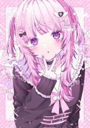  1girl arm_at_side black_choker black_serafuku blush border bow chibana_sora choker collarbone commentary_request crossed_bandaids diagonal-striped_background donut_hair_ornament dot_nose facing_viewer fingernails food-themed_hair_ornament frilled_choker frills hair_bow hair_ornament hand_on_own_chin heart heart-shaped_pupils heart_choker heart_hair_ornament highres long_hair long_sleeves looking_at_viewer musical_note_ornament needle open_mouth original pink_border pink_bow pink_eyes pink_hair pink_nails pink_ribbon pleated_skirt ribbon sailor_collar school_uniform serafuku sidelocks skirt skull_choker solo standing striped_background symbol-shaped_pupils two_side_up upper_body v white_background white_sailor_collar 
