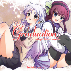  2girls :d album_cover angel_beats! back-to-back black_hairband black_skirt blue_sailor_collar blue_skirt blush bow brown_background collared_shirt comiket_83 commentary_request copyright_name cover english_text eyebrows_hidden_by_hair feet_out_of_frame green_bow green_eyes hair_between_eyes hair_bow hairband hands_up happy highres hugging_own_legs jacket knees_up kono_sanorou leaning_back light_particles long_hair long_sleeves looking_at_viewer medium_hair miniskirt multiple_girls musical_note nakamura_yuri neck_ribbon open_mouth pleated_skirt ribbon sailor_collar sailor_shirt second-party_source shirt sidelocks simple_background sitting skirt smile snowflakes tachibana_kanade teeth thighs upper_teeth_only white_hair white_shirt yellow_eyes yellow_jacket yellow_ribbon zettai_ryouiki 