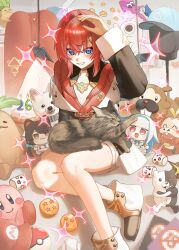  3girls ange_katrina ange_katrina_(1st_costume) animal_on_lap ankle_boots arm_up bare_legs bat_wings bidoof birthday_cake black_coat blue_eyes blush boots brown_cat cake cardigan cat cat_on_lap censored chibi coat commentary_request danganronpa_(series) detached_wings dog doidamon dragon_ball dragon_ball_(object) fake_wings food fuecoco goblin_gnome_horn grin hair_between_eyes hair_intakes hair_ornament highres inkling_(swim_form) inui_toko kirby kirby_(series) lize_helesta long_sleeves looking_at_viewer mandragora_(ange_katrina) mario_hat marshmallow_(site) medium_hair mini_wings monokuma mosaic_censoring multiple_girls nekbi_(goblin_gnome_horn) nijisanji off_shoulder official_alternate_costume on_lap poke_ball poke_ball_(basic) pokemon pornography red_cardigan red_hair sanbaka_(nijisanji) sitting smile solo_focus sparkle splatoon_(series) super_mario_bros. triangle_hair_ornament virtual_youtuber white_boots white_dog wings 