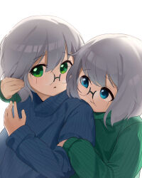  2girls absurdres adjusting_another's_hair blue_eyes blue_sweater glasses green_sweater grey_hair hands_up head_on_another's_shoulder highres ikeda_chitose ikeda_chizuru keibi_inu long_sleeves looking_at_another looking_at_viewer multiple_girls parted_lips rimless_eyewear round_eyewear short_hair siblings simple_background sisters sweater tareme turtleneck turtleneck_sweater twins upper_body white_background yuruyuri 