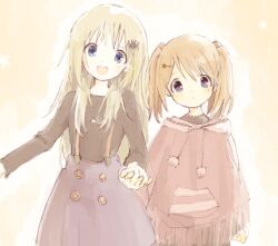 2girls bat_hair_ornament black_shirt blonde_hair blue_eyes blush buttons dot_nose frilled_hoodie hair_ornament hairclip holding_hands hood hoodie interlocked_fingers kamikita_komari little_busters! long_hair long_sleeves looking_at_viewer multiple_girls noumi_kudryavka open_mouth overalls pocket shirt short_hair simple_background skirt smile twintails wasabiwasabiwasawasa 