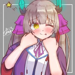  1girl ;p absurdres blunt_bangs blunt_ends blush brown_hair clenched_hands closed_mouth collared_shirt commentary fake_horns furrowed_brow grey_background hair_ribbon hands_up heart heart_in_eye heaven_burns_red highres hime_cut horns long_hair long_sleeves looking_at_viewer luchia neck_ribbon ogasahara_hisame one_eye_closed open_clothes open_robe purple_ribbon purple_robe ribbon robe shirt sidelocks signature simple_background smile solo star_(symbol) straight_hair symbol_in_eye teheperinko_(heaven_burns_red) tehepero tongue tongue_out twintails upper_body white_shirt wide_sleeves yellow_eyes yellow_pupils 