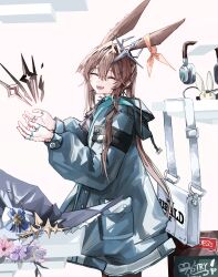  1girl :d ^_^ absurdres amiya_(arknights) animal_ears arknights ascot bag black_ascot brown_hair closed_eyes commentary cowboy_shot facing_viewer flower grey_jacket hair_between_eyes headphones highres jacket jewelry long_hair long_sleeves magic material_growth moume_a multiple_rings open_mouth oripathy_lesion_(arknights) pink_flower purple_flower ring shoulder_bag smile solo standing unworn_headphones white_background white_flower 