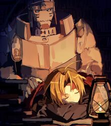  2boys ahoge alphonse_elric armor black_jacket blonde_hair book closed_eyes coat commentary_request edward_elric full_armor fullmetal_alchemist highres indoors jacket lamp living_armor male_focus multiple_boys open_book red_coat sleeping standing tori_maru white_eyes 