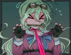  >_< 1girl ahoge antenna_hair belt biting blonde_hair blue_bow blush bow breasts choker claw_pose collar danganronpa_(series) danganronpa_v3:_killing_harmony fang fingerless_gloves flying_sweatdrops furrowed_brow gloves goggles goggles_on_head hair_between_eyes hands_up iruma_miu jaggy_lines leash long_hair long_sleeves o0llei pink_shirt pixel_art sailor_collar school_uniform shirt simple_background spiked_collar spikes sweat sweatdrop teeth tug wrench 