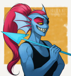  1girl 2015 2d anthro artist_logo artist_name black_eyepatch black_tank_top blue_pants blue_skin border breasts chromatic_aberration colored_sclera colored_skin commentary digital_media ear_fins english_commentary eyepatch female female_only fins fish fish_girl head_fins high_ponytail holding holding_polearm holding_spear holding_weapon long_hair looking_at_viewer medium_breasts monster monster_girl orange_background outside_border pants polearm ponytail red_eyes red_hair rotarr sharp_teeth simple_background solo spear tank_top teeth toned toned_female undertale undyne upper_body utdr_(toby_fox) weapon white_border yellow_sclera 