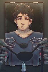  1boy black_hair blue_shirt closed_mouth collarbone commentary english_commentary eyepatch faucet grey_eyes highres holding_eyepatch kyokugen_dasshutsu kyokugen_dasshutsu_adv:_zennin_shibou_desu looking_at_viewer male_focus mechanical_arms mirror one_eye_closed reflection reflection_focus sagutoyas scar scar_across_eye scar_on_face shirt short_hair sigma_(kyokugen_dasshutsu) solo spoilers unworn_eyepatch 