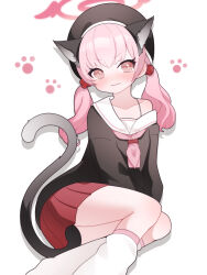  1girl absurdres animal_ears black_hat black_shirt blue_archive blush cat_ears cat_tail collarbone commentary_request drop_shadow full_body hair_between_eyes halo hat highres kemonomimi_mode koharu_(blue_archive) long_hair long_sleeves looking_at_viewer loose_socks neckerchief petako_(ptpt_k) pink_eyes pink_hair pink_neckerchief pleated_skirt red_halo red_skirt sailor_collar shirt sidelocks simple_background single_off_shoulder sitting skirt socks solo tail twintails wavy_mouth white_background white_sailor_collar white_socks 