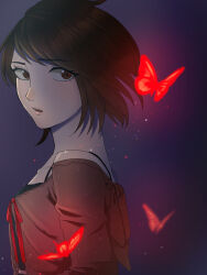  1girl amakura_mio bare_shoulders black_background black_camisole blue_background brown_eyes brown_hair brown_shirt bug butterfly camisole collarbone commentary dark_background fatal_frame fatal_frame_ii:_crimson_butterfly from_side gradient_background highres light_particles long_sleeves looking_at_viewer looking_to_the_side off-shoulder_shirt off_shoulder parted_lips portrait red_butterfly red_ribbon ribbon shirt short_hair solo teeth two-tone_background untranslatable_commentary upper_body upper_teeth_only yukiame 