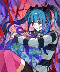  1girl amemiya_darumi black_bow black_hair black_roots black_shirt black_skirt blood blue_hair bow commentary_request ear_piercing facial_mark hair_bow heart heart_facial_mark highres holding_planet hugging_object lella_(piyotto22) long_hair makeup multicolored_hair piercing pink_eyes pink_thighhighs planet roots_(hair) runny_makeup shirt skirt solo striped_clothes striped_shirt the_hundred_line_-last_defense_academy- thigh-highs twintails two-tone_shirt white_shirt 