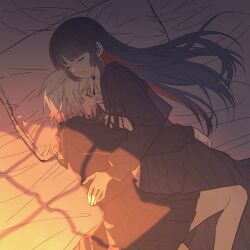  2girls artist_request black_hair black_sailor_collar black_serafuku black_shirt black_skirt closed_eyes closed_mouth colored_inner_hair commentary commission cuddling gradient_hair highres hug long_hair mahou_shoujo_no_majo_saiban multicolored_hair multiple_girls nikaido_hiro pillow pink_hair pleated_skirt red_hair sailor_collar sakuraba_ema school_uniform second-party_source serafuku shirt short_hair skirt sleeping white_hair yuri 