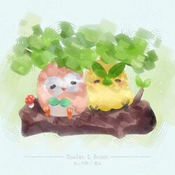  2others artist_name artist_request bird black_eyes blue_background browt character_name closed_eyes closed_mouth commentary_request dappled_sunlight day green_leaf highres leaf log multiple_others mushroom nature plant pokemon pokemon_(creature) pokemon_focus pokemon_ultra_sun_and_ultra_moon rowlet side-by-side signature sitting sitting_on_log sprout sunlight tree_shade 