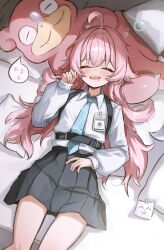  1girl absurdres abydos_high_school_logo ahoge aqua_necktie black_skirt blue_archive blush closed_eyes collared_shirt commentary crossed_bangs fangs fangs_out hair_between_eyes highres hoangryu hoshino_(blue_archive) id_card long_hair long_sleeves necktie nose_bubble open_mouth pillow pokemon pokemon_(creature) saliva shirt sidelocks skirt sleeping slowpoke solo spoken_zzz squeans upper_body white_shirt zzz 